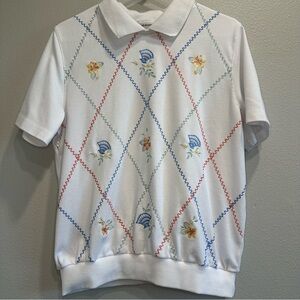 VTG Alfred Dunner,medium,white,embroidered,pastel,collared,polo-type top,cottage